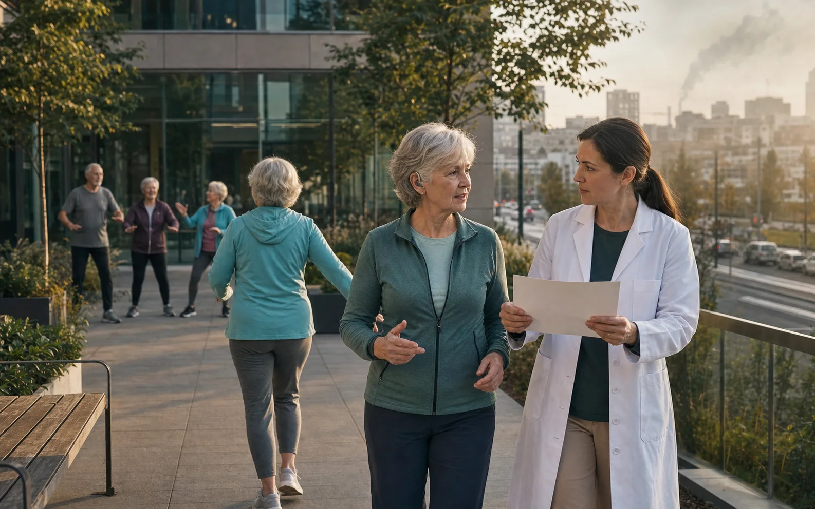 Une femme âgée portant un appareil auditif marche avec une médecin près d’un groupe d’activité physique et d’un axe routier pollué