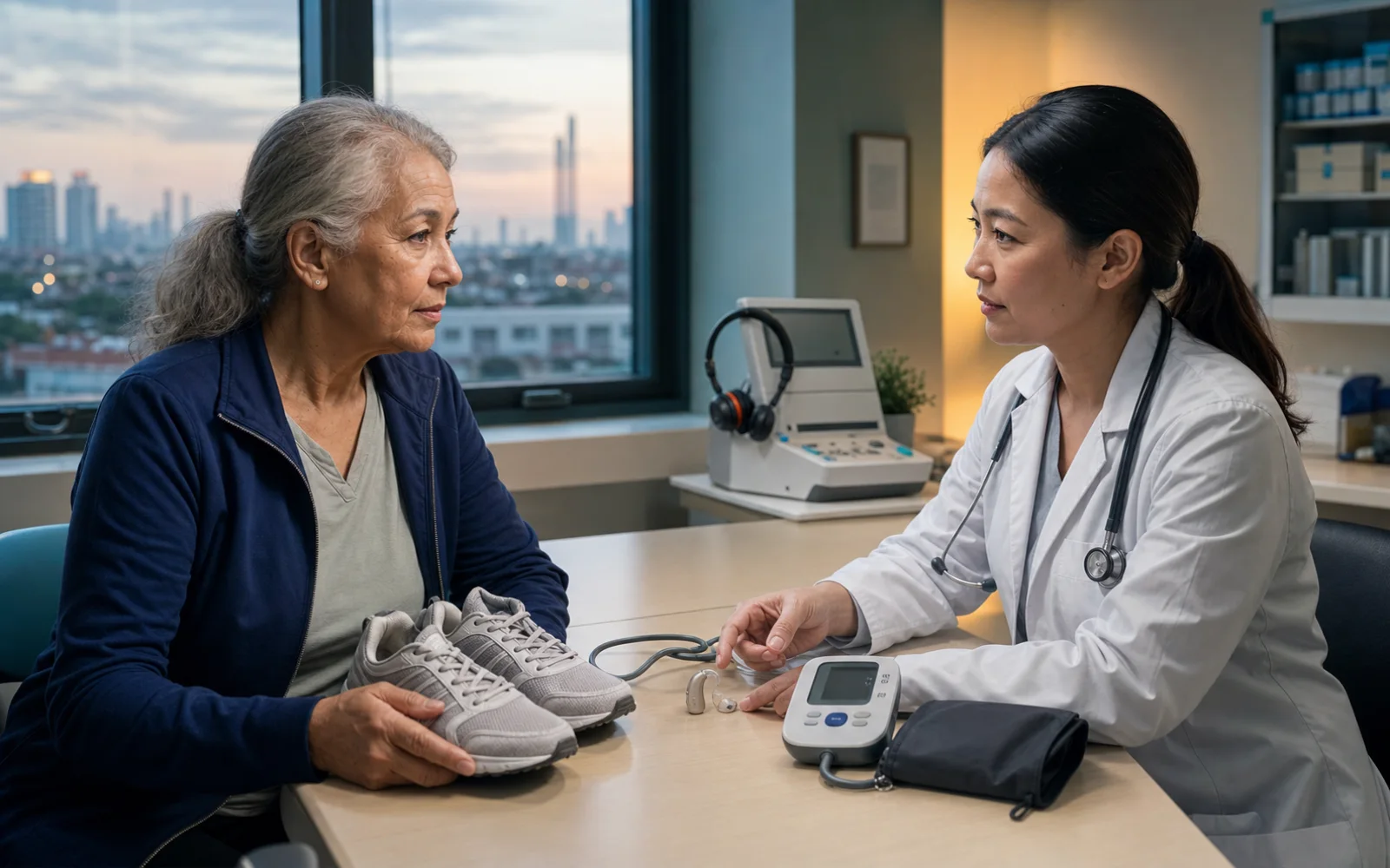Une médecin échange avec une patiente âgée devant un appareil auditif, un tensiomètre et des chaussures de marche
