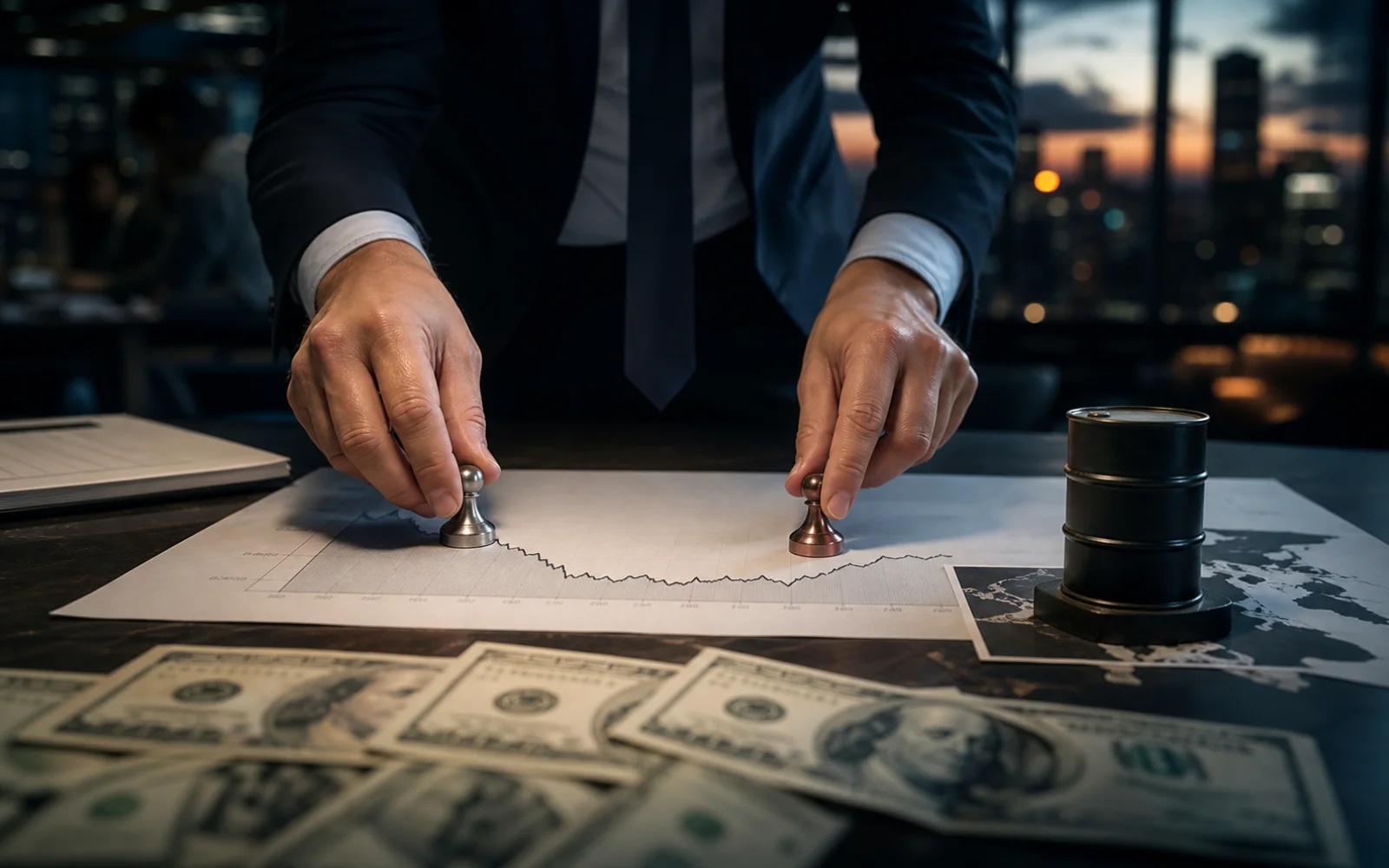 Un stratégiste déplace deux marqueurs opposés sur un graphique du dollar, entre billets et repère pétrolier