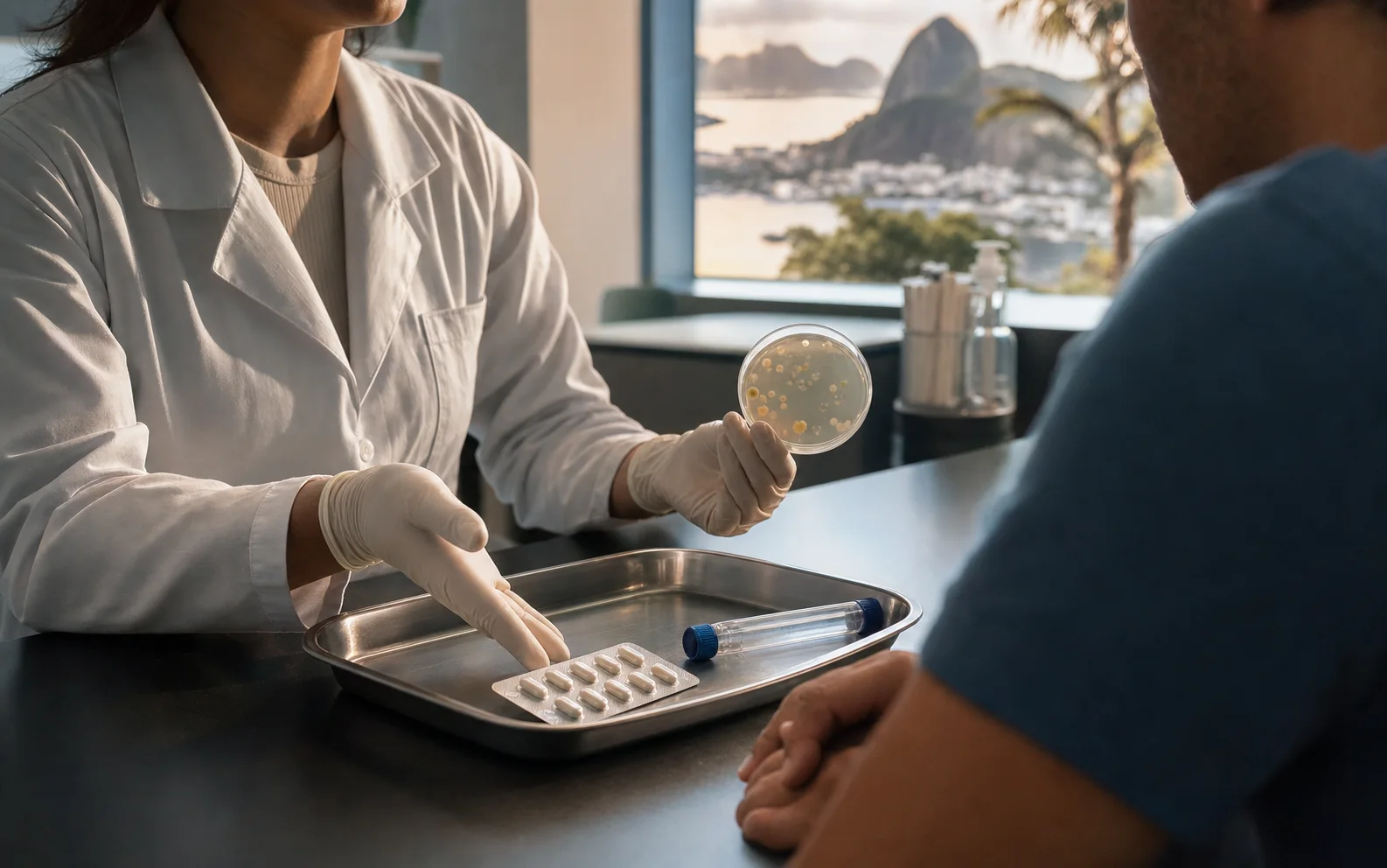 Une clinicienne présente un blister de doxycycline et une culture bactérienne à un patient