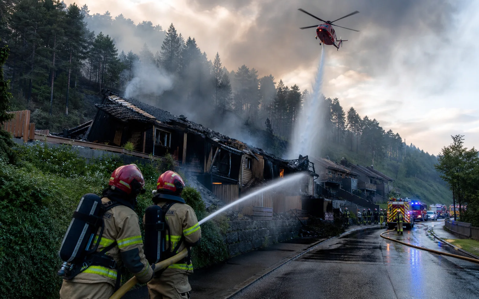 Des pompiers arrosent des maisons endommagées tandis qu’un hélicoptère intervient au-dessus d’un quartier boisé norvégien