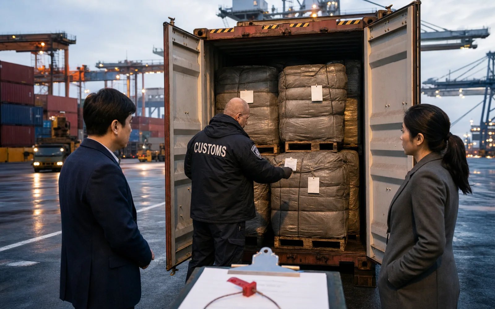 Un agent des douanes inspecte des marchandises dans un conteneur ouvert sur un grand terminal portuaire