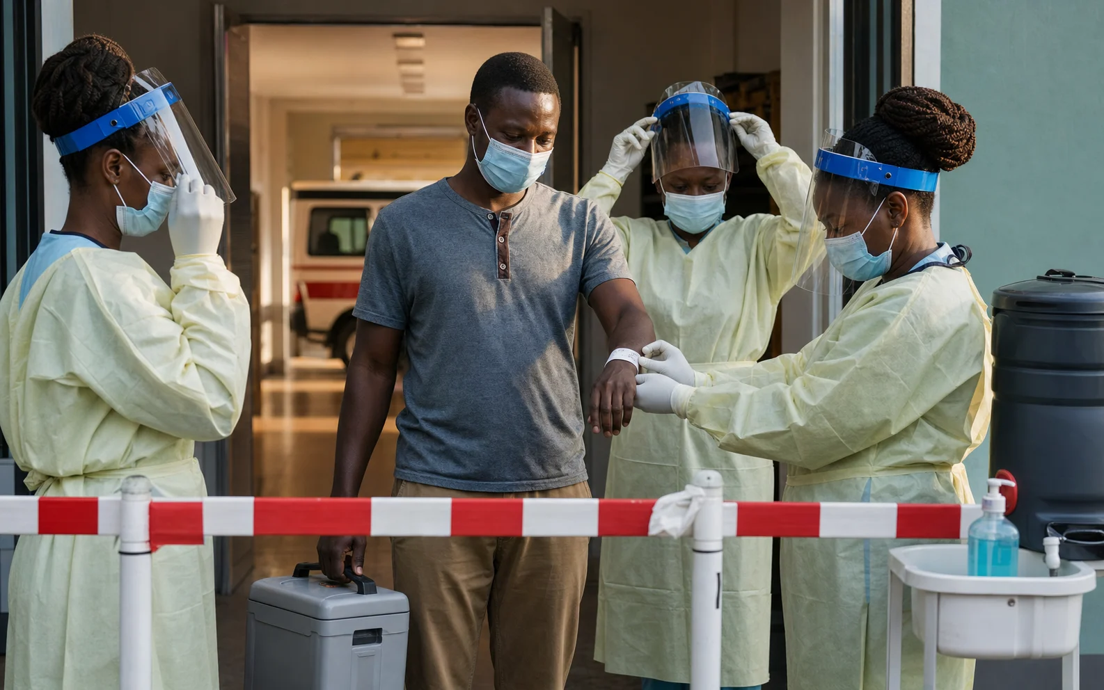 Un patient guéri quitte une unité d’isolement de Kampala entouré de trois soignantes en équipement de protection
