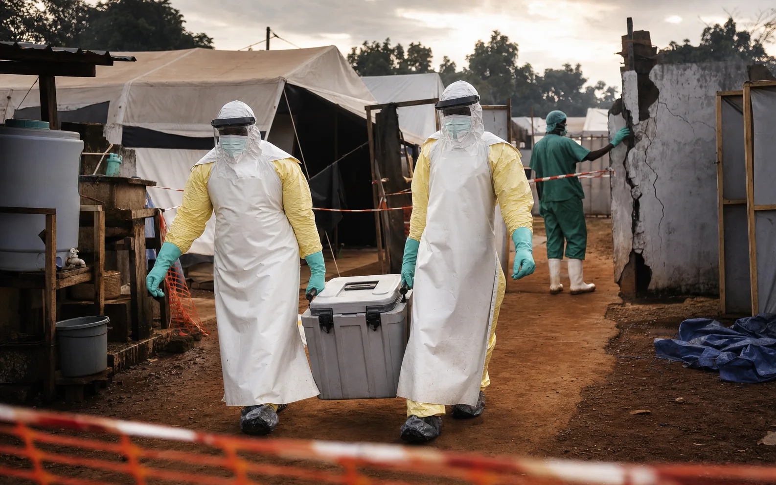Deux soignants en équipement de protection transportent une caisse médicale dans un centre Ebola de l’est congolais