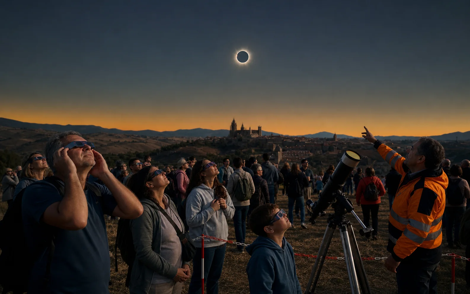 Des observateurs équipés de lunettes filtrantes regardent une éclipse totale au-dessus d’une ville espagnole