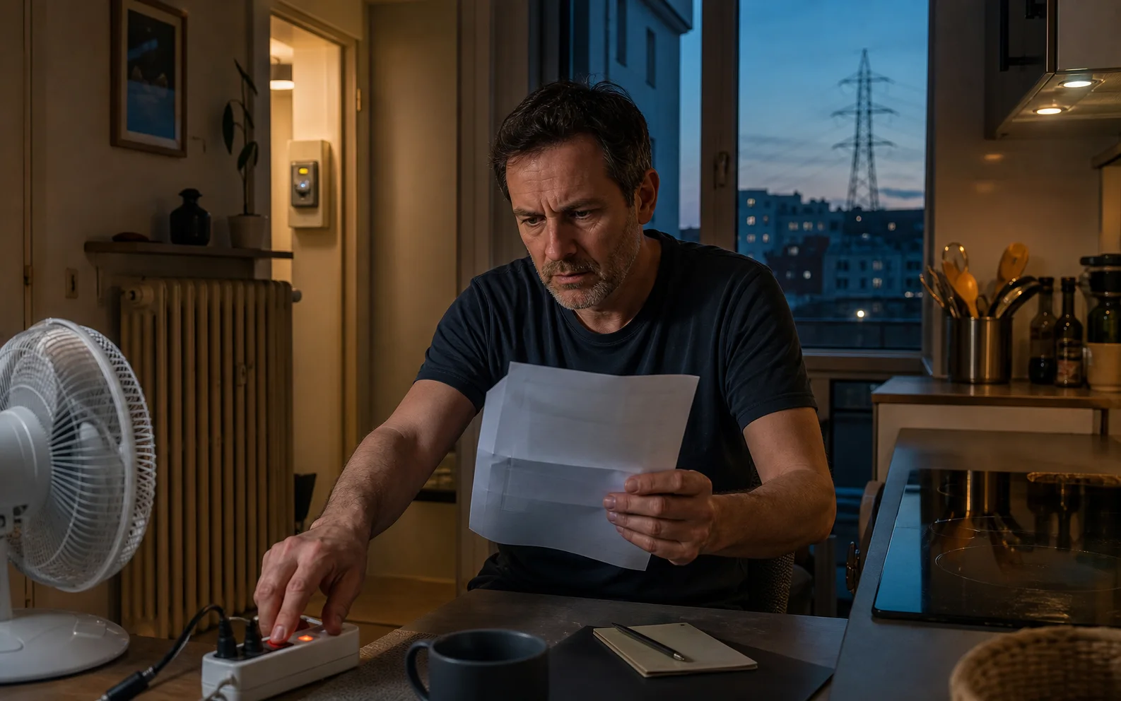 Un homme examine sa facture d’électricité et tend la main vers une multiprise dans sa cuisine au crépuscule