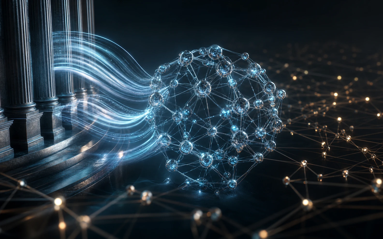 Flux institutionnels convergeant vers un réseau blockchain abstrait dans un marché plus calme