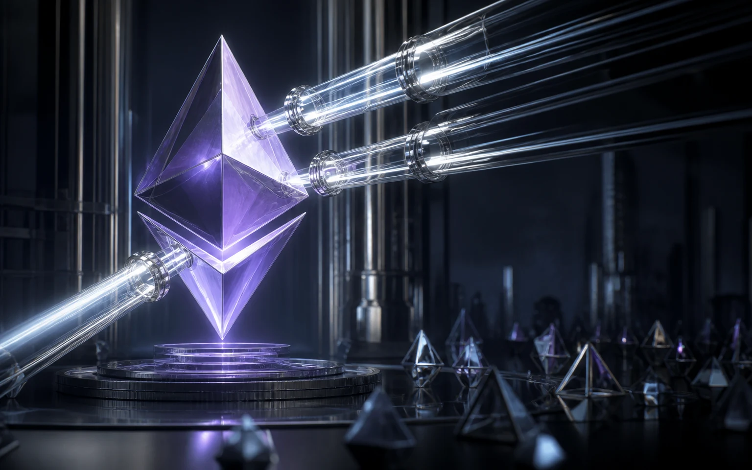 Des flux lumineux convergent vers une forme cristalline évoquant Ethereum dans une architecture financière sombre