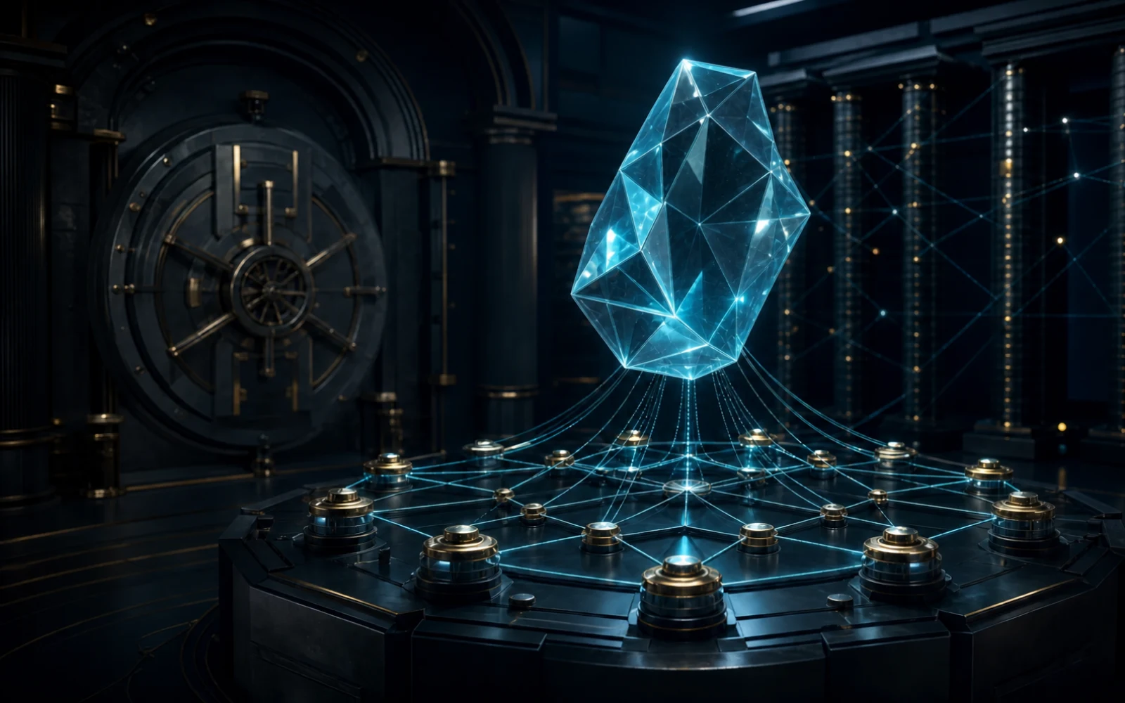 Un cristal évoquant l’ether relié à un réseau de validateurs dans une chambre forte institutionnelle