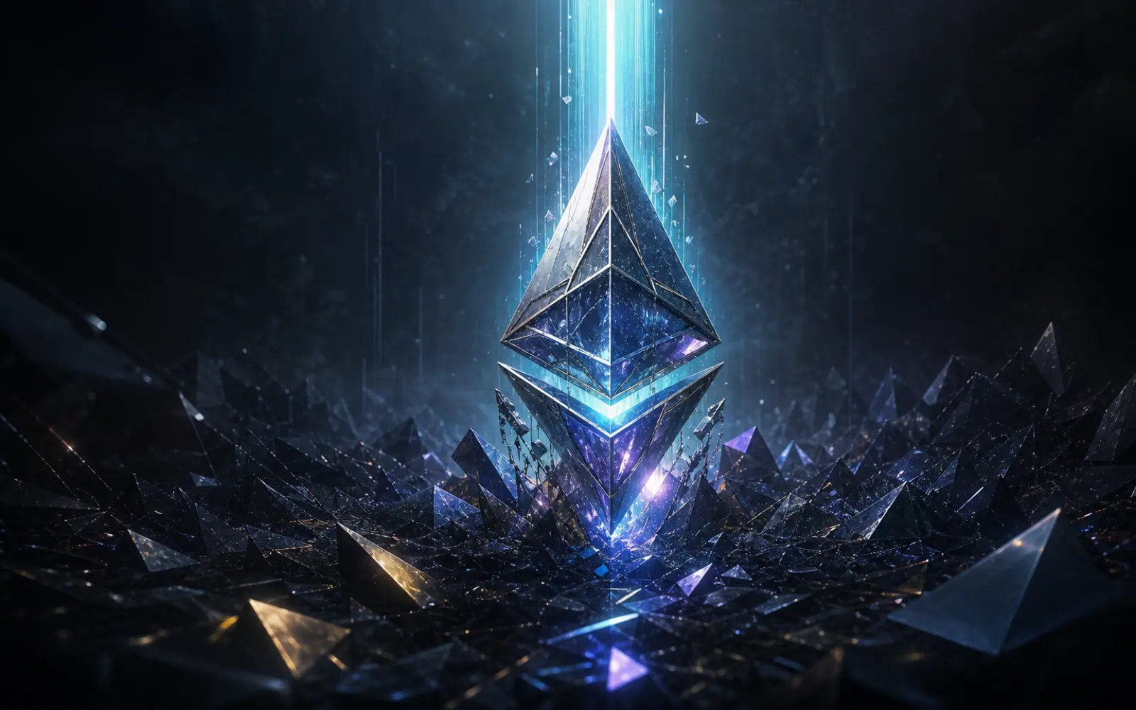 Structure cristalline inspirée d’Ethereum traversée par un faisceau lumineux étroit au-dessus d’un marché numérique sombre