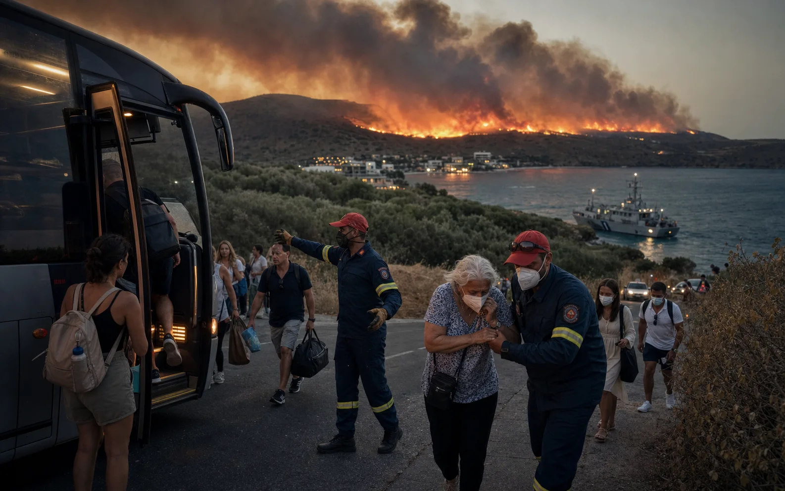 Des pompiers guident des habitants vers un autocar devant un incendie côtier en Crète