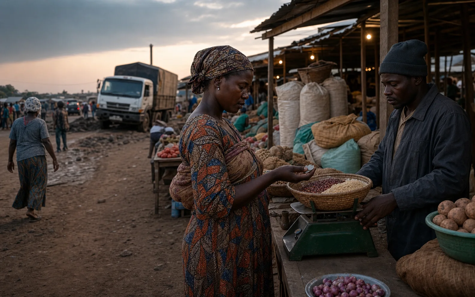 Une cliente compte ses pièces face à un vendeur de céréales dans un marché africain au crépuscule