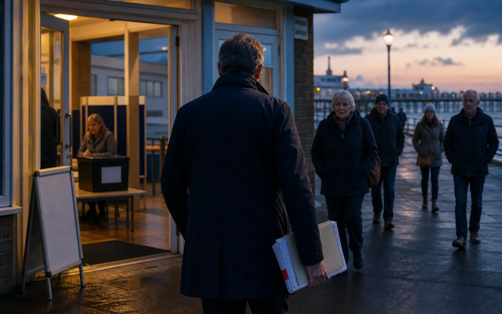 Un candidat anonyme portant un dossier rejoint des électeurs devant un bureau de vote au bord de la mer britannique