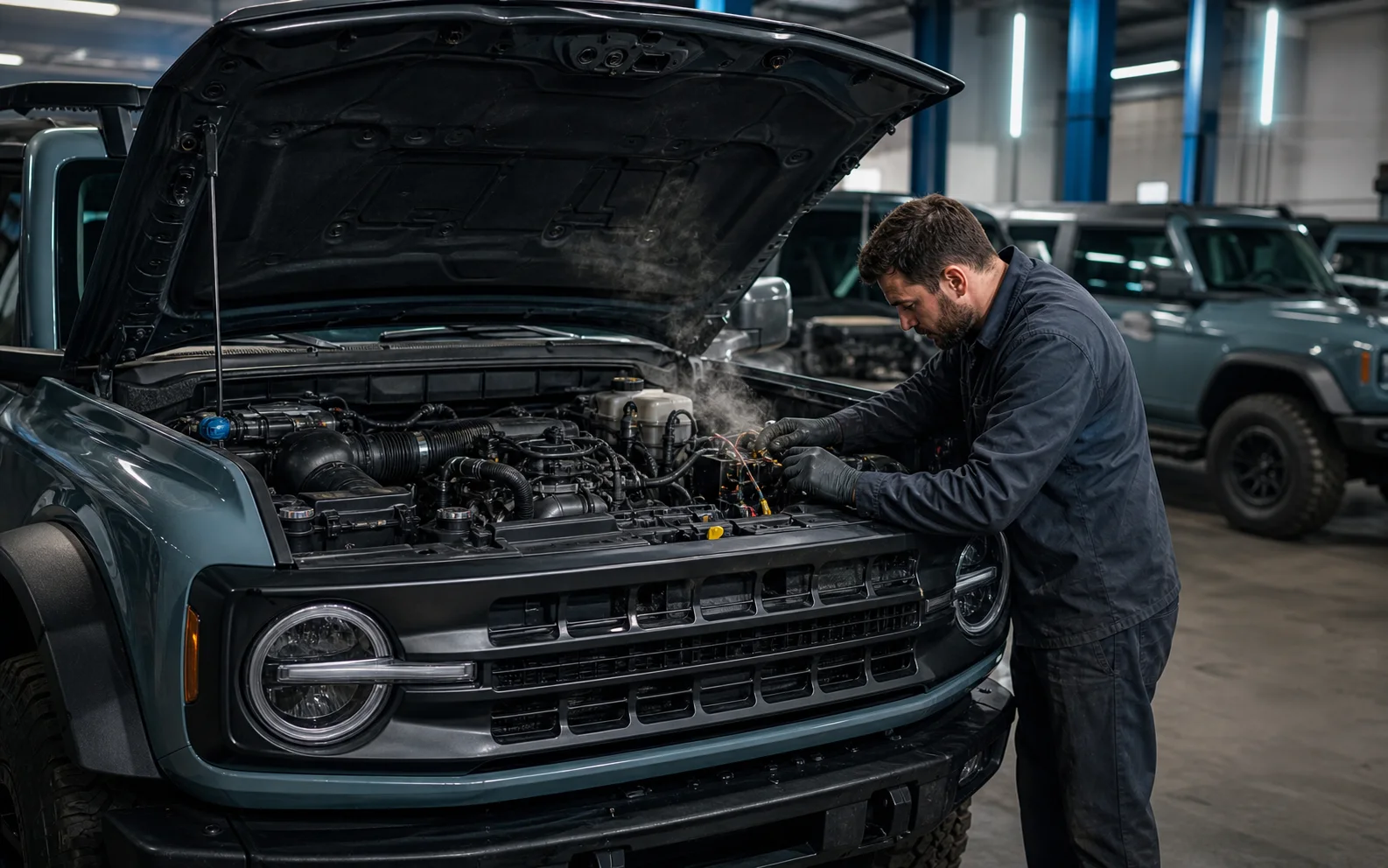 Un technicien inspecte le faisceau électrique sous le capot d’un SUV tout-terrain rappelé