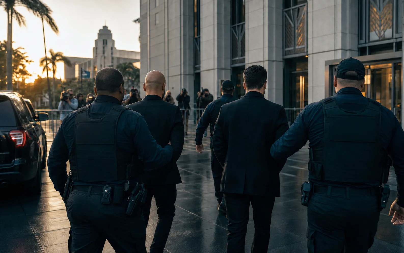 Deux hommes escortés de dos par des agents vers un tribunal de Miami au lever du jour