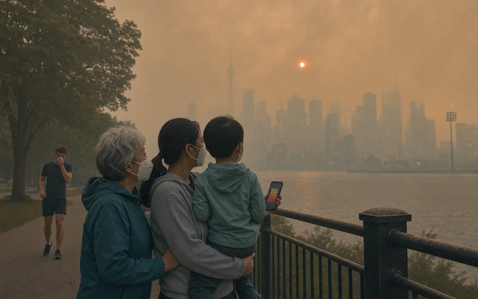 Une famille masquée observe une ville nord-américaine noyée dans la fumée des incendies