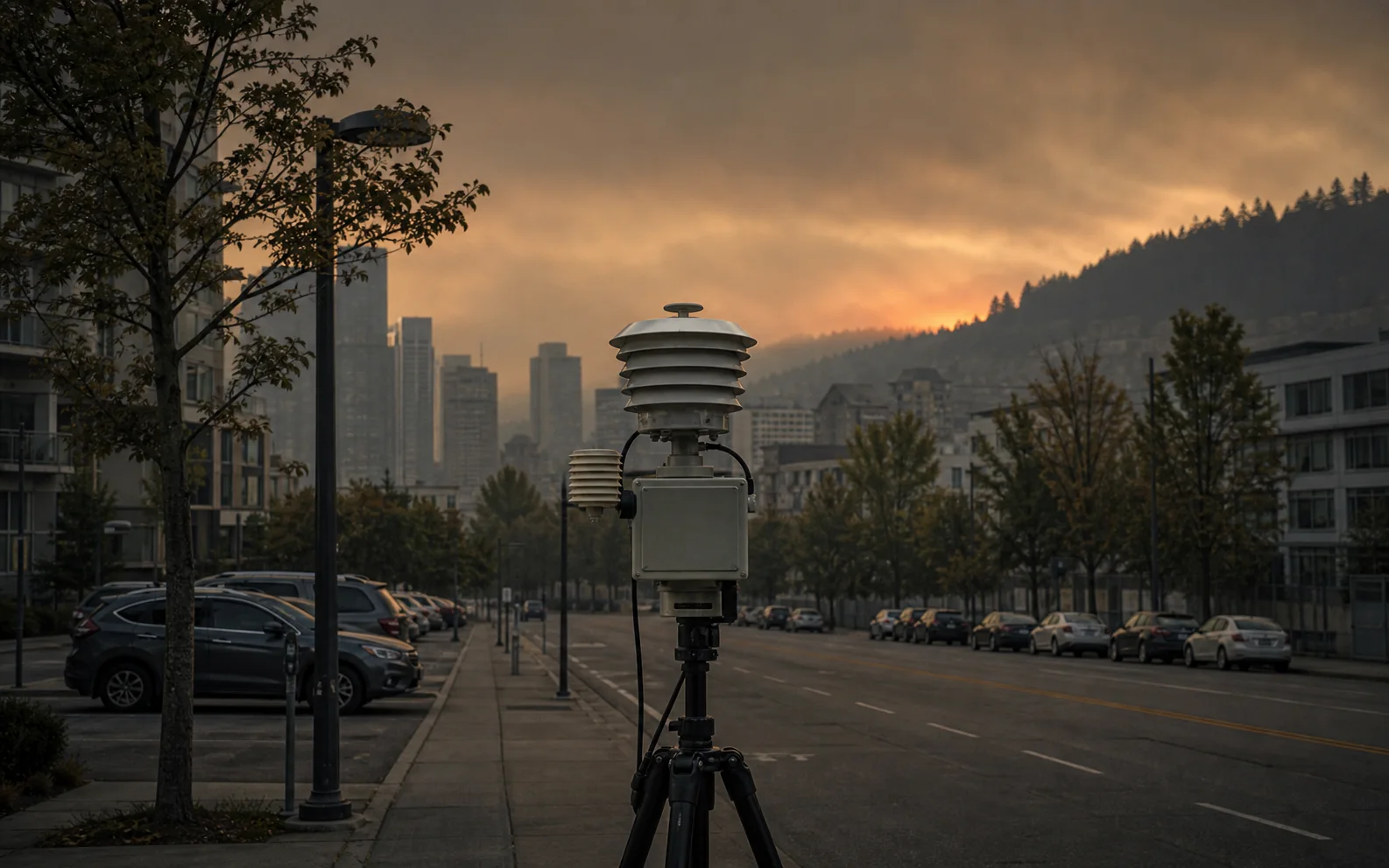 Une station de mesure de la qualité de l’air devant une ville enveloppée par la fumée d’incendies