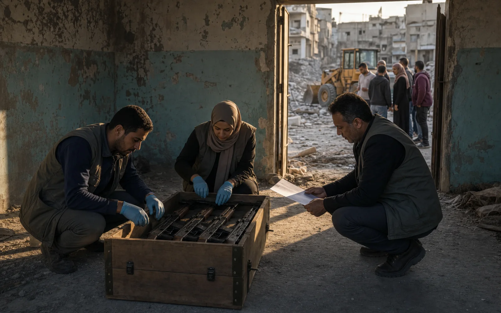 Trois techniciens inventorient des armes sécurisées dans un bâtiment endommagé de Gaza, devant un chantier de reconstruction