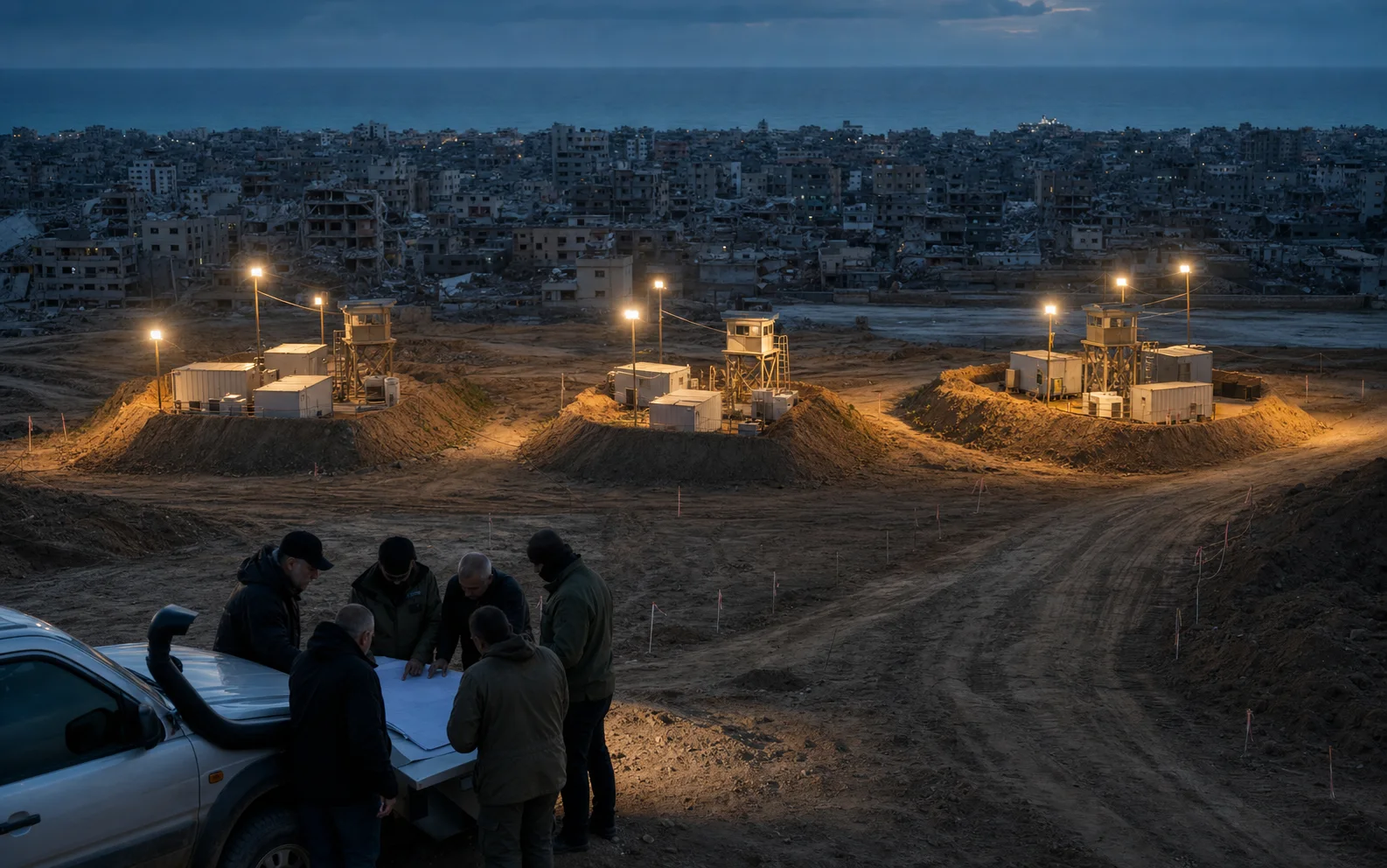 Trois avant-postes éclairés devant les quartiers endommagés de Gaza au crépuscule