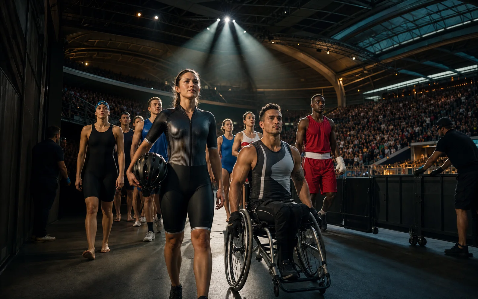 Une cycliste et un athlète en fauteuil entrent dans une arène couverte avec un groupe de sportifs