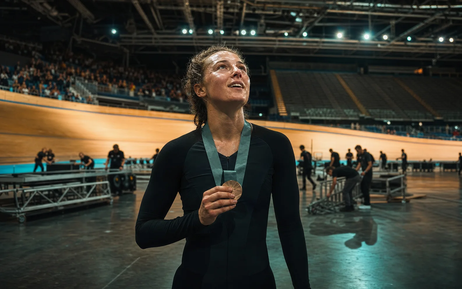 Une athlète médaillée observe les lumières du vélodrome pendant que les équipes démontent les installations
