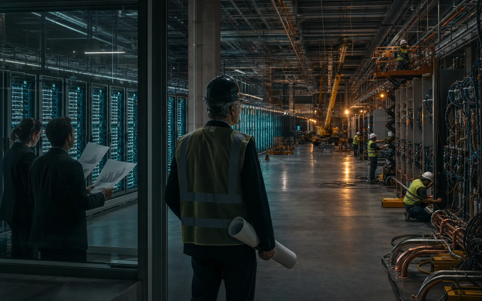 Un responsable inspecte la construction nocturne d’un immense centre de données refroidi par liquide