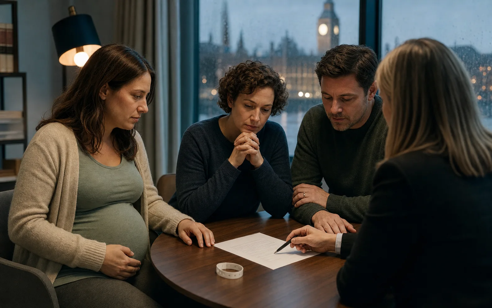 Une gestatrice et deux parents d’intention examinent un document de filiation avec une juriste à Londres