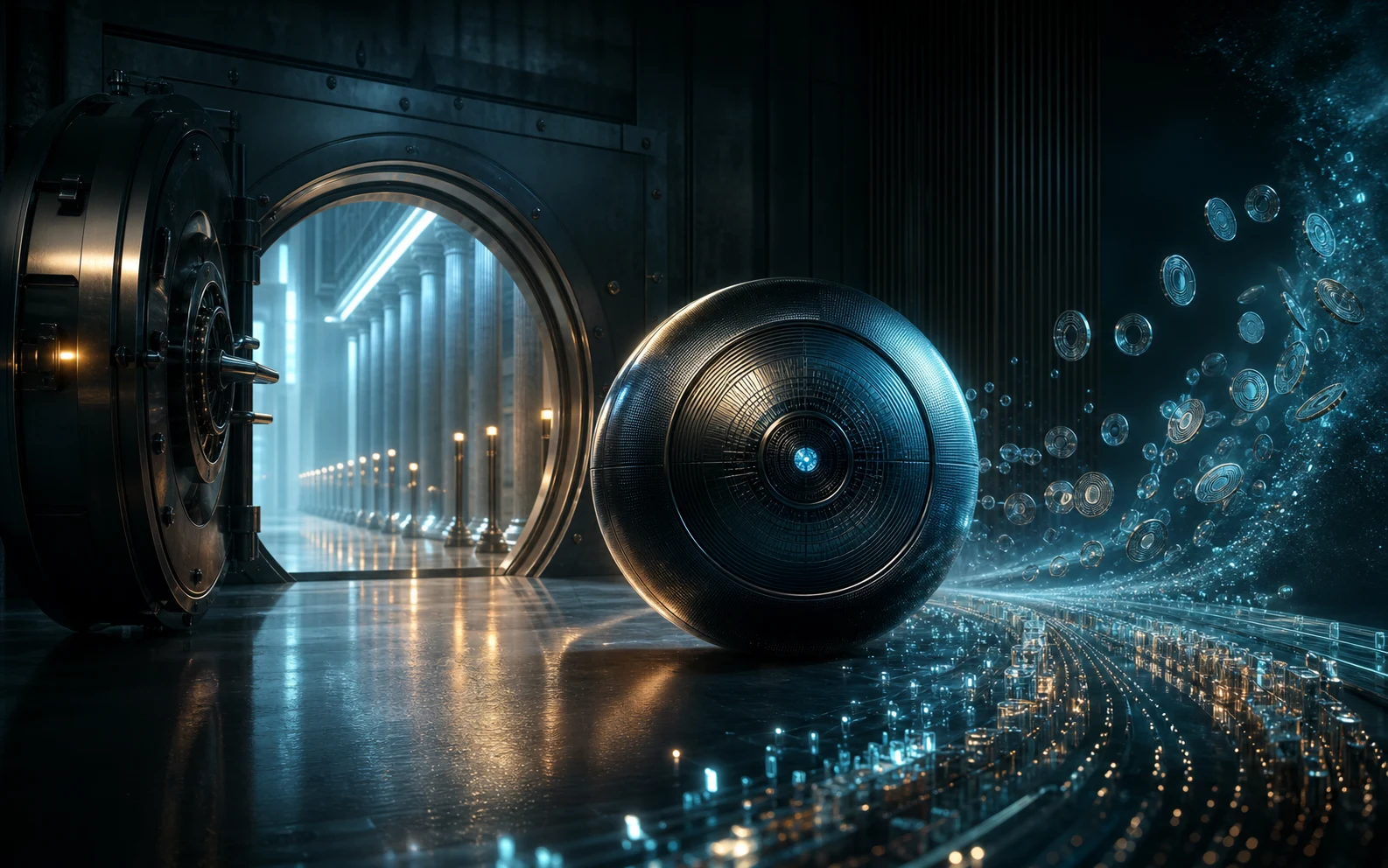 Une sphère biométrique abstraite devant la porte d’un coffre et des flux de liquidité numériques