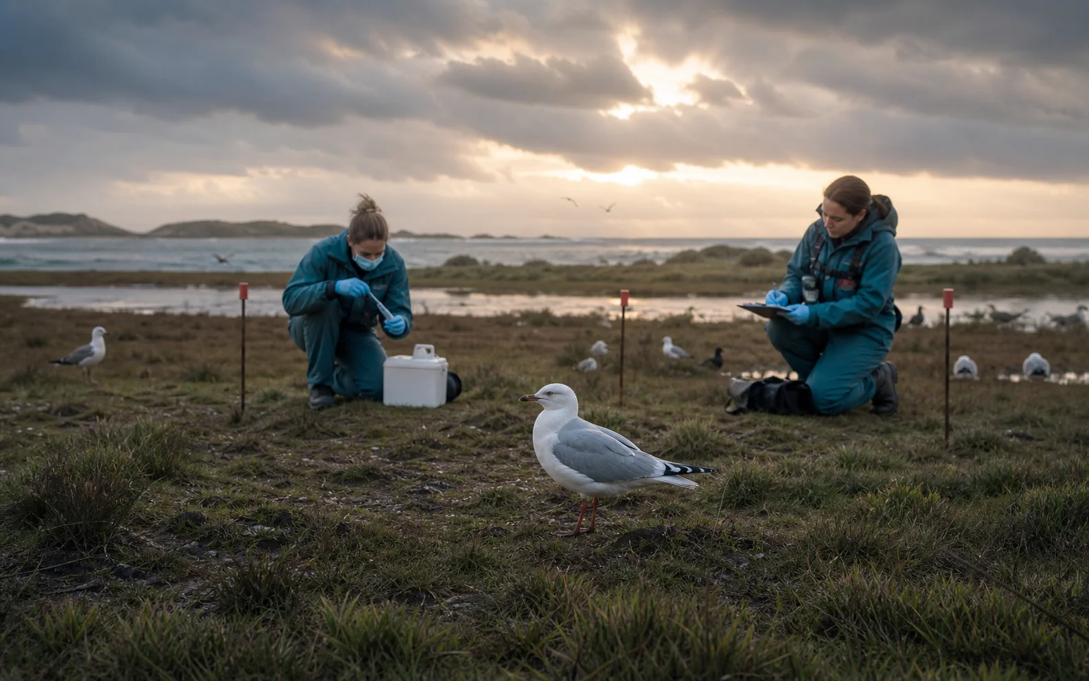 Biologistes en tenue de protection surveillant un goéland dans une zone humide côtière australienne