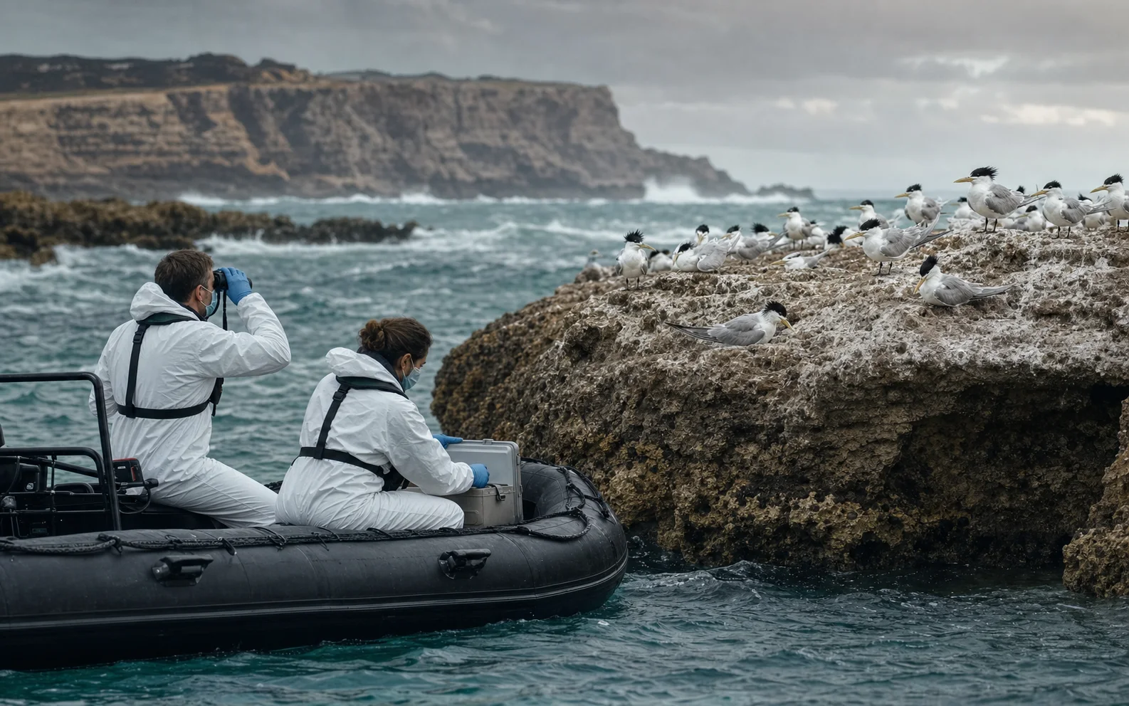 Une équipe de biosécurité observe une colonie de sternes huppées depuis un bateau au large de l’Australie-Méridionale
