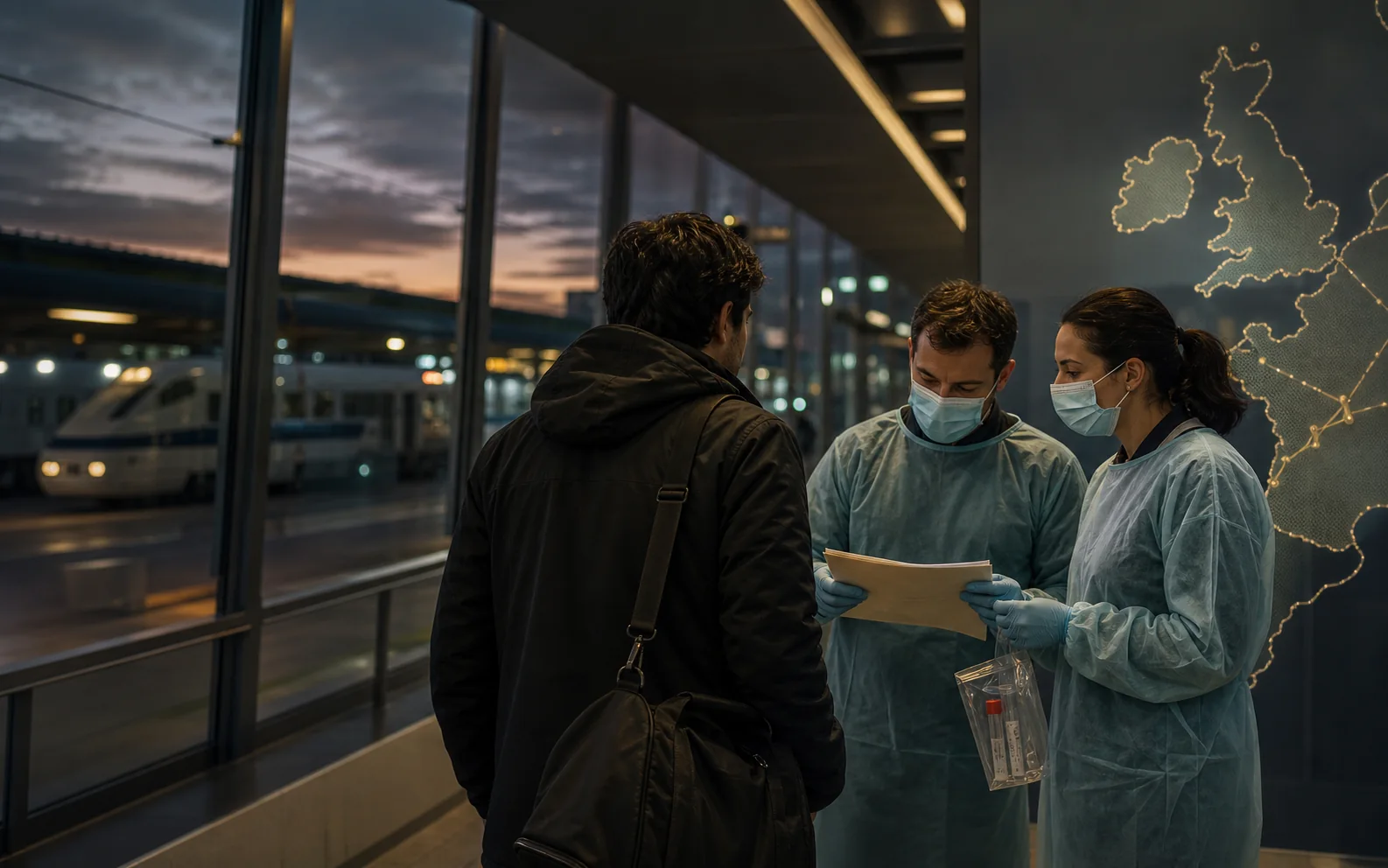 Un voyageur échange avec deux professionnels de santé dans une gare européenne