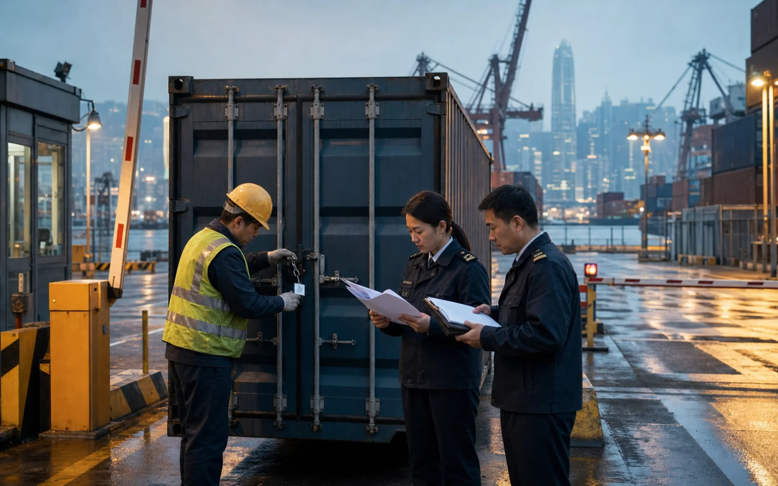 Des agents des douanes inspectent un conteneur dans le port de Hong Kong tandis qu’une seconde barrière reste fermée