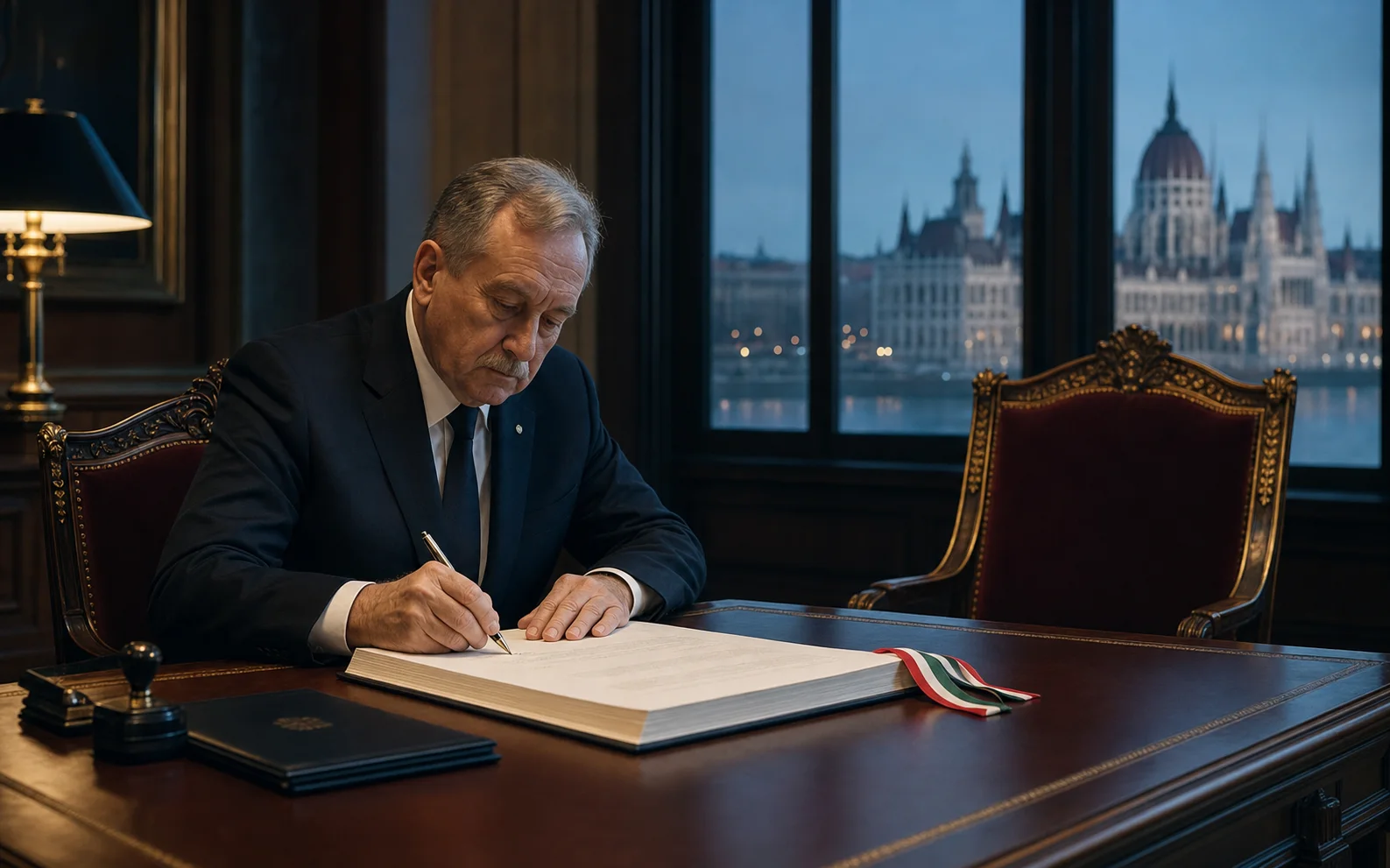 Un président hongrois signe un document constitutionnel devant un siège officiel vide et le Parlement de Budapest