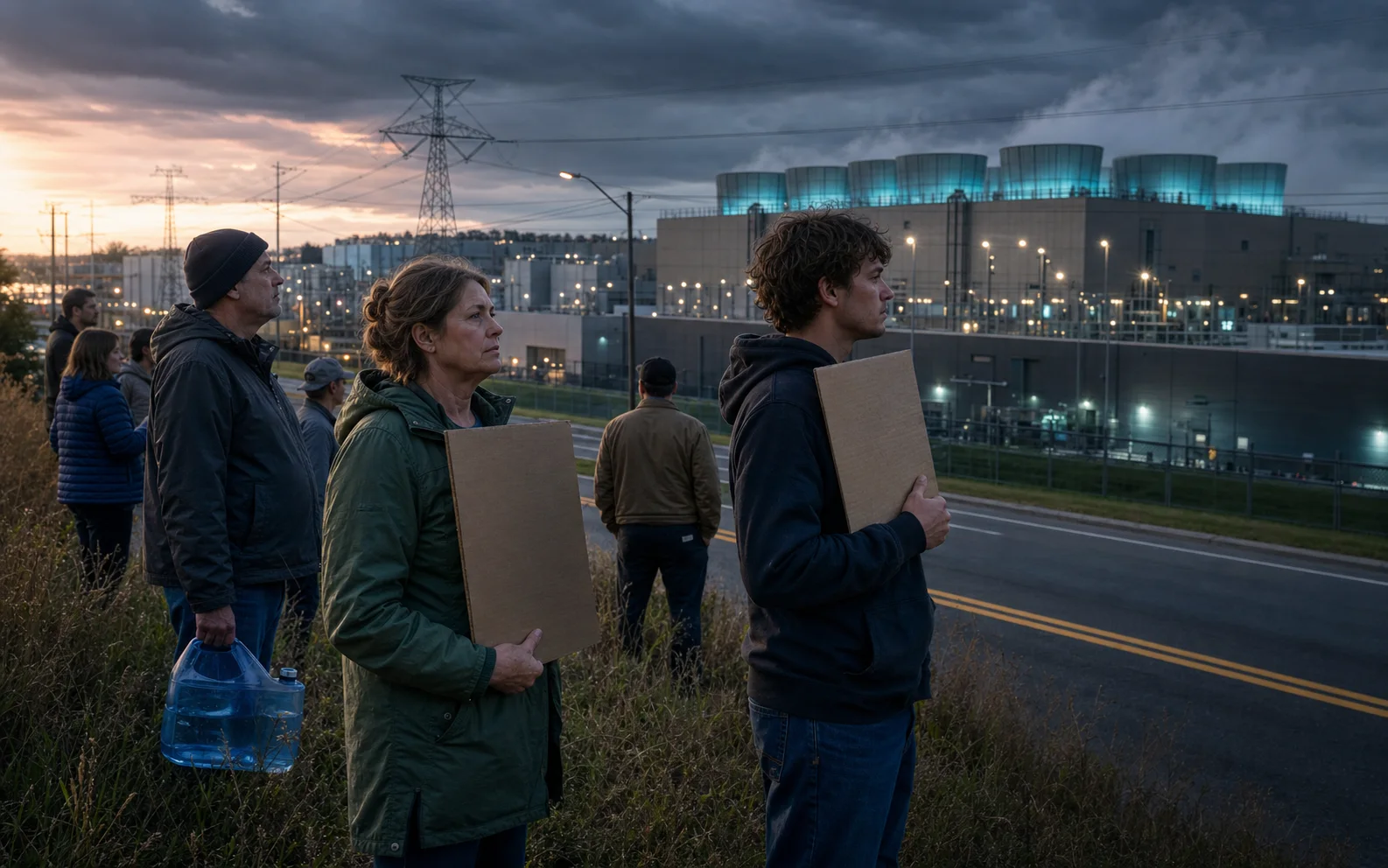 Des habitants avec des pancartes vierges et un bidon d’eau font face à un immense data center américain au crépuscule
