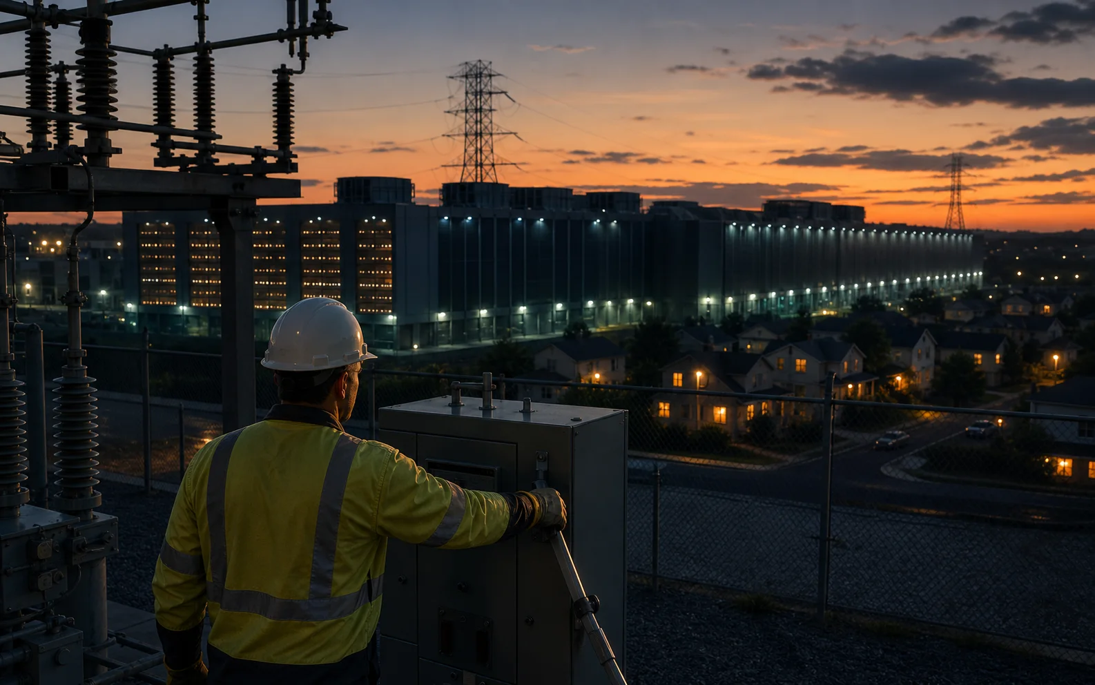 Un opérateur électrique actionne un disjoncteur face à un data center tandis qu’un quartier reste éclairé