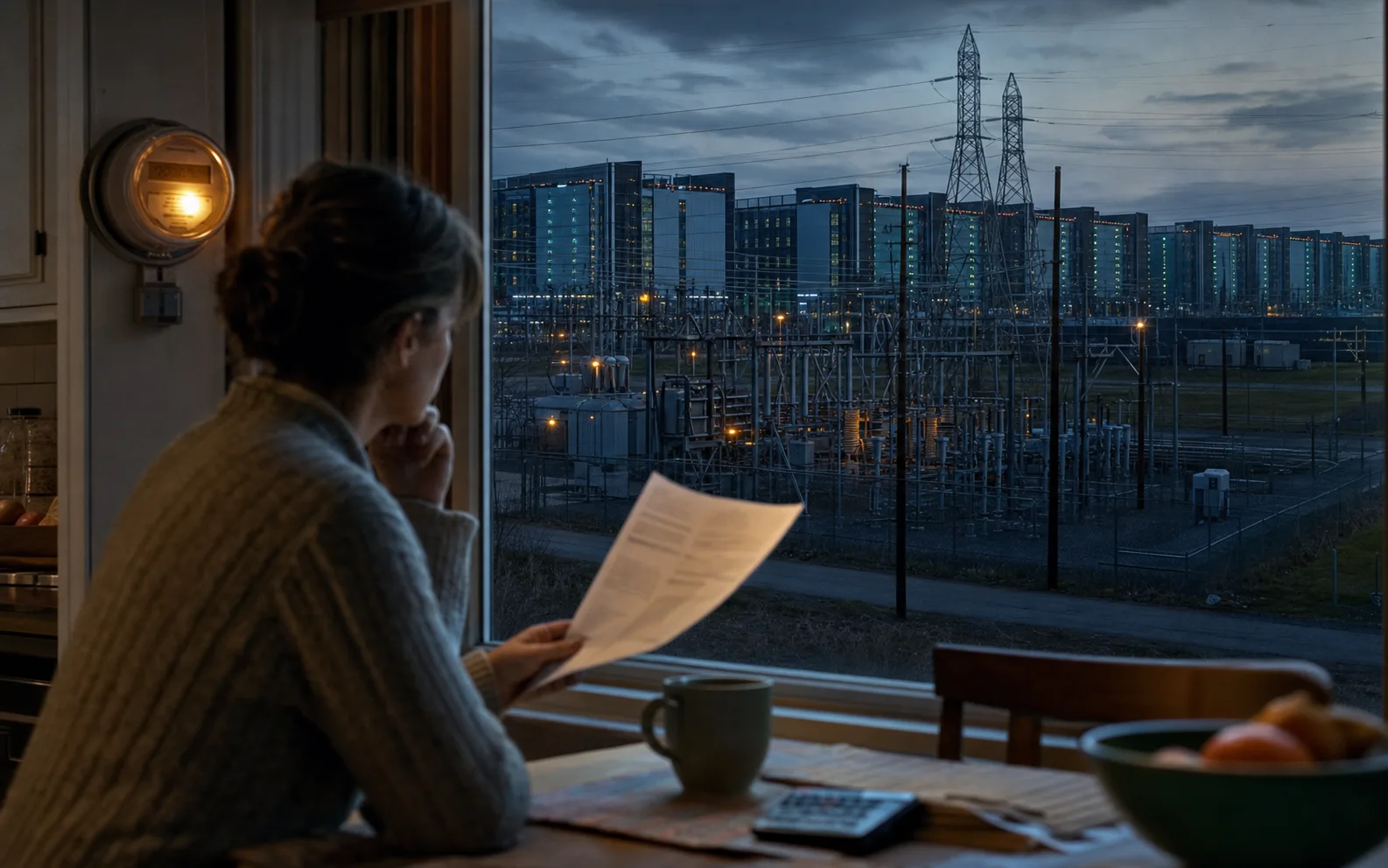 Une femme examine sa facture d’électricité devant une sous-station et un vaste campus de data centers au crépuscule
