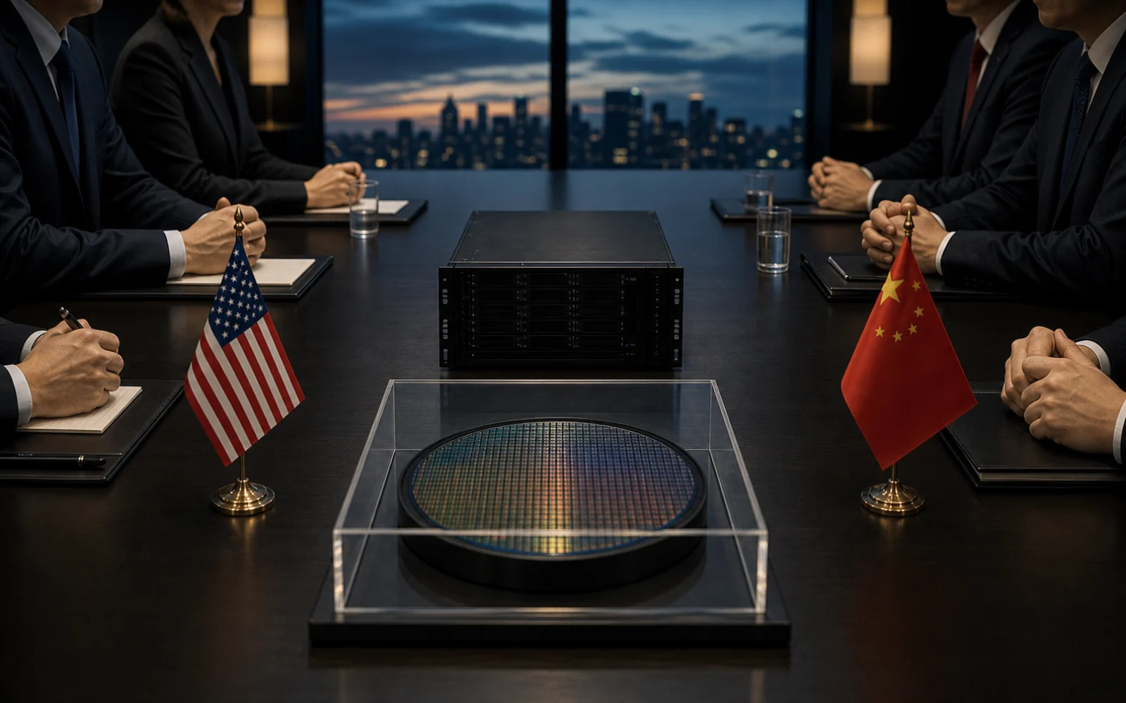 Deux délégations américaine et chinoise face à face autour d’une puce électronique et d’un serveur dans une salle de négociation