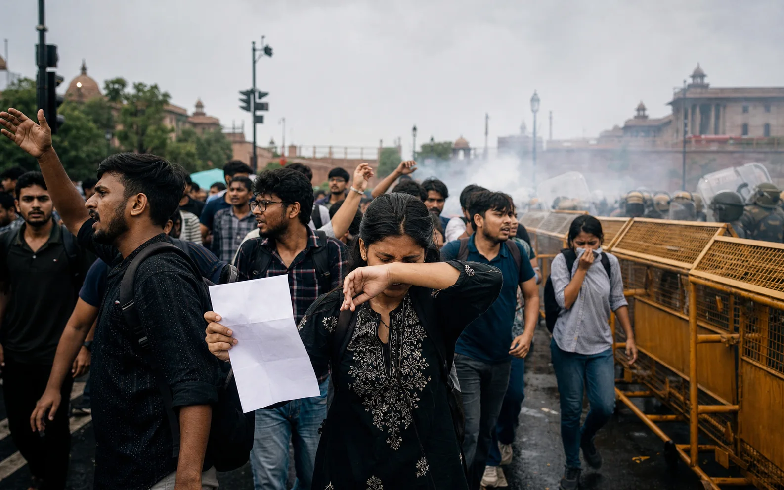 De jeunes manifestants indiens avancent devant des barrières policières dans la brume à New Delhi