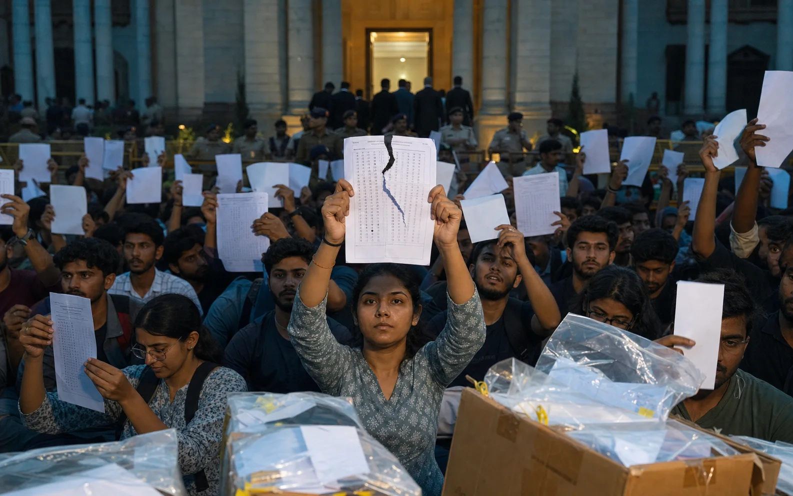 Étudiante indienne levant une feuille d’examen déchirée devant une foule et un bâtiment officiel à New Delhi