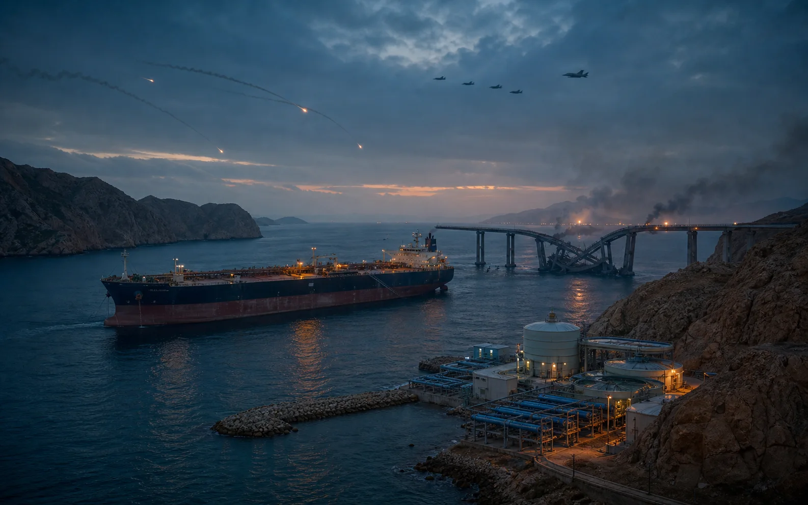 Un pétrolier immobilisé près d’un pont endommagé et d’une usine de dessalement dans le détroit d’Ormuz