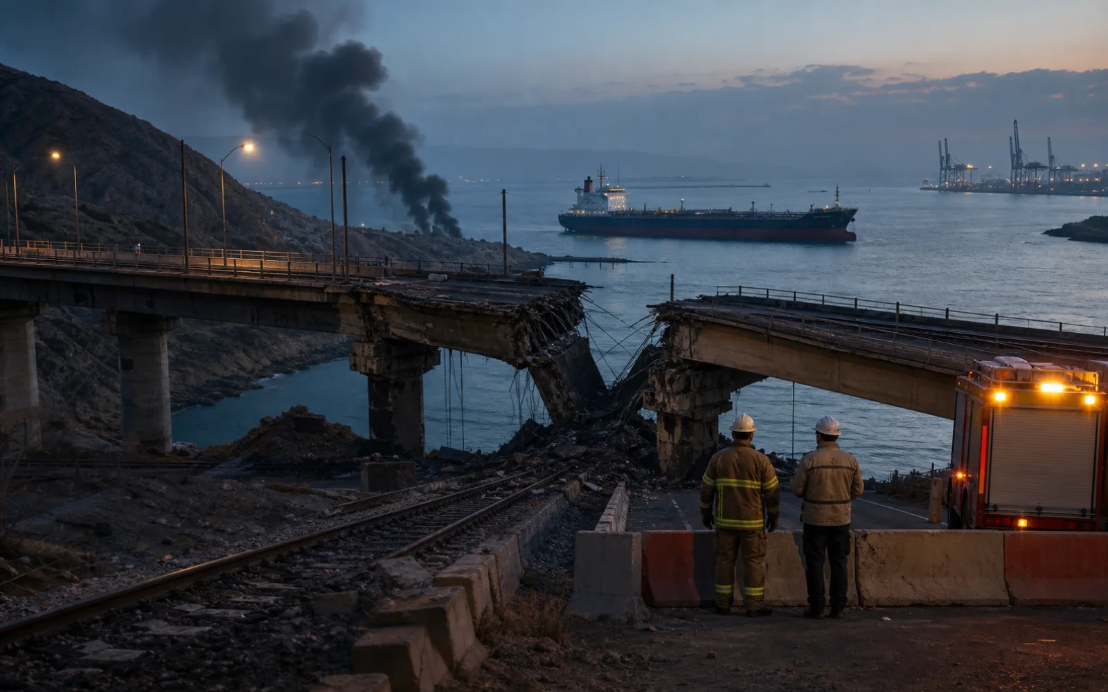 Un pont routier et ferroviaire détruit face à un pétrolier immobilisé dans le détroit d’Hormuz