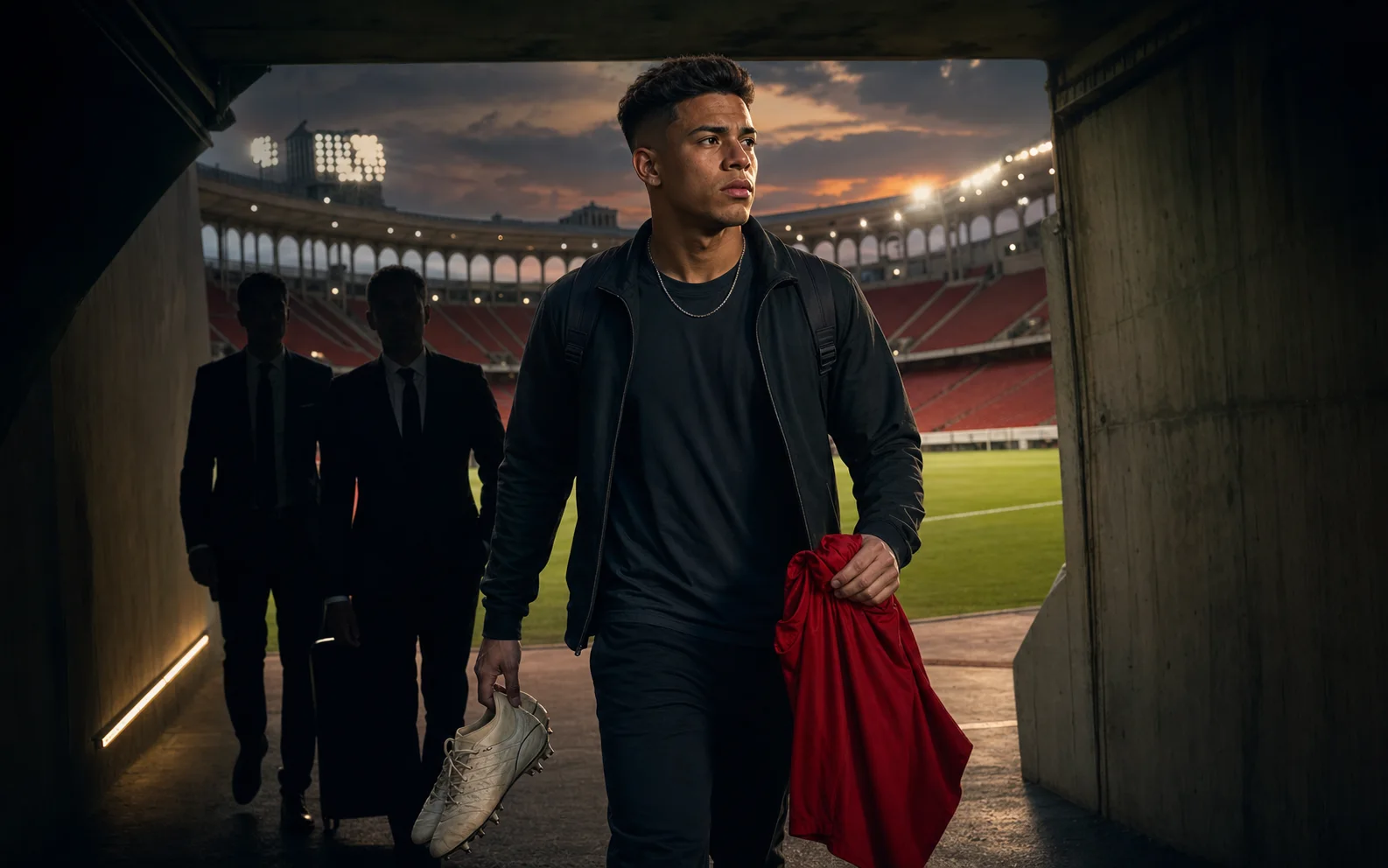 Un jeune attaquant colombien entre sur la pelouse d’un stade lisboète en tenant un maillot rouge sans logo