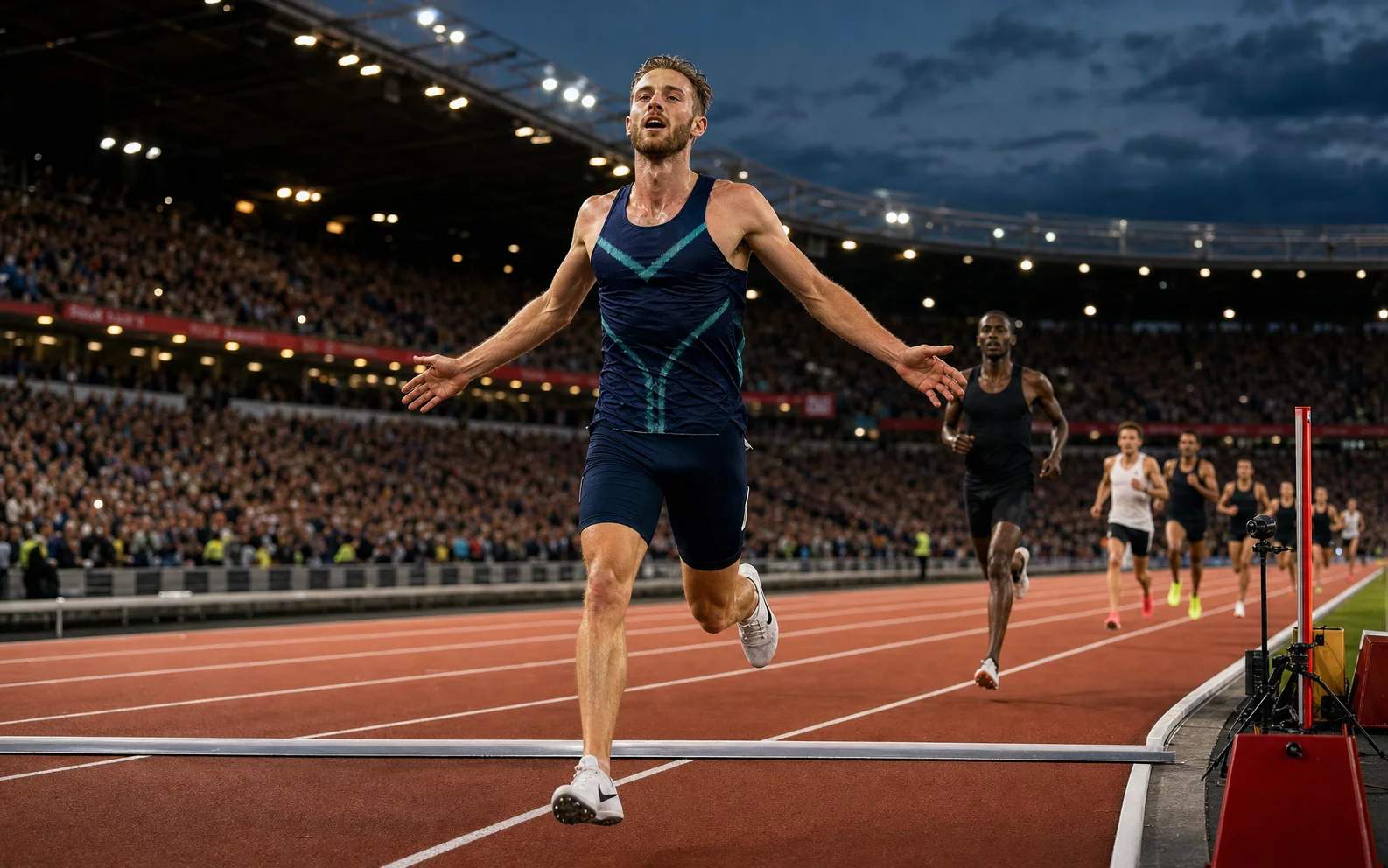 Josh Kerr franchit seul la ligne d’arrivée d’un stade londonien, poursuivi par les autres coureurs