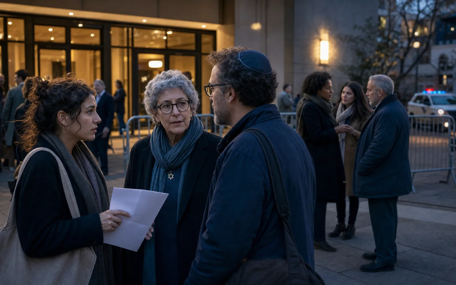 Trois adultes juifs américains discutent devant un centre communautaire sécurisé à la tombée du jour