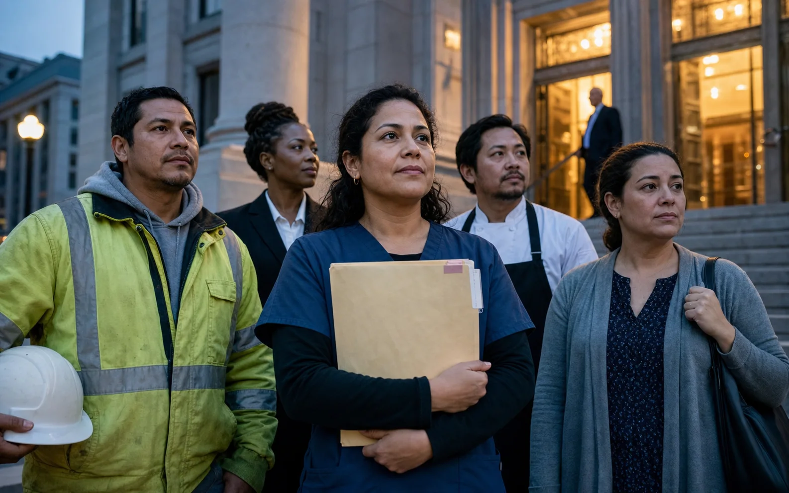 Cinq travailleurs immigrés devant un tribunal fédéral, une soignante tenant un dossier administratif