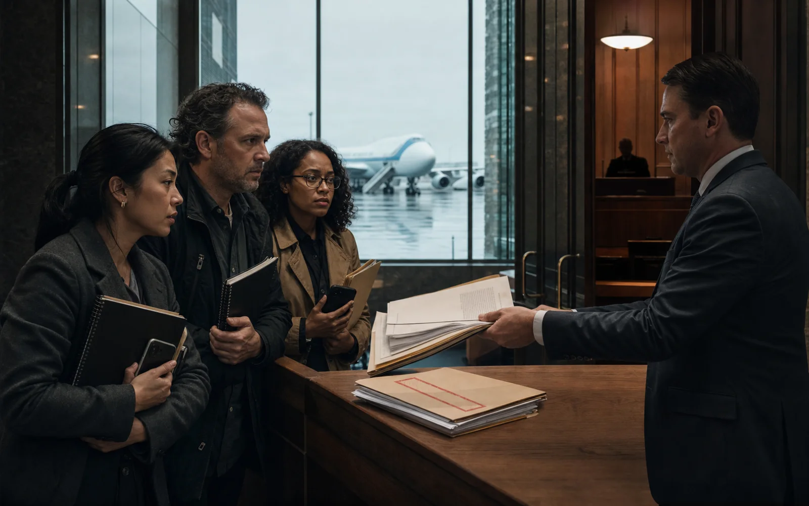 Trois journalistes protègent leurs carnets face à un avocat retirant des dossiers, avec un avion officiel visible derrière le tribunal