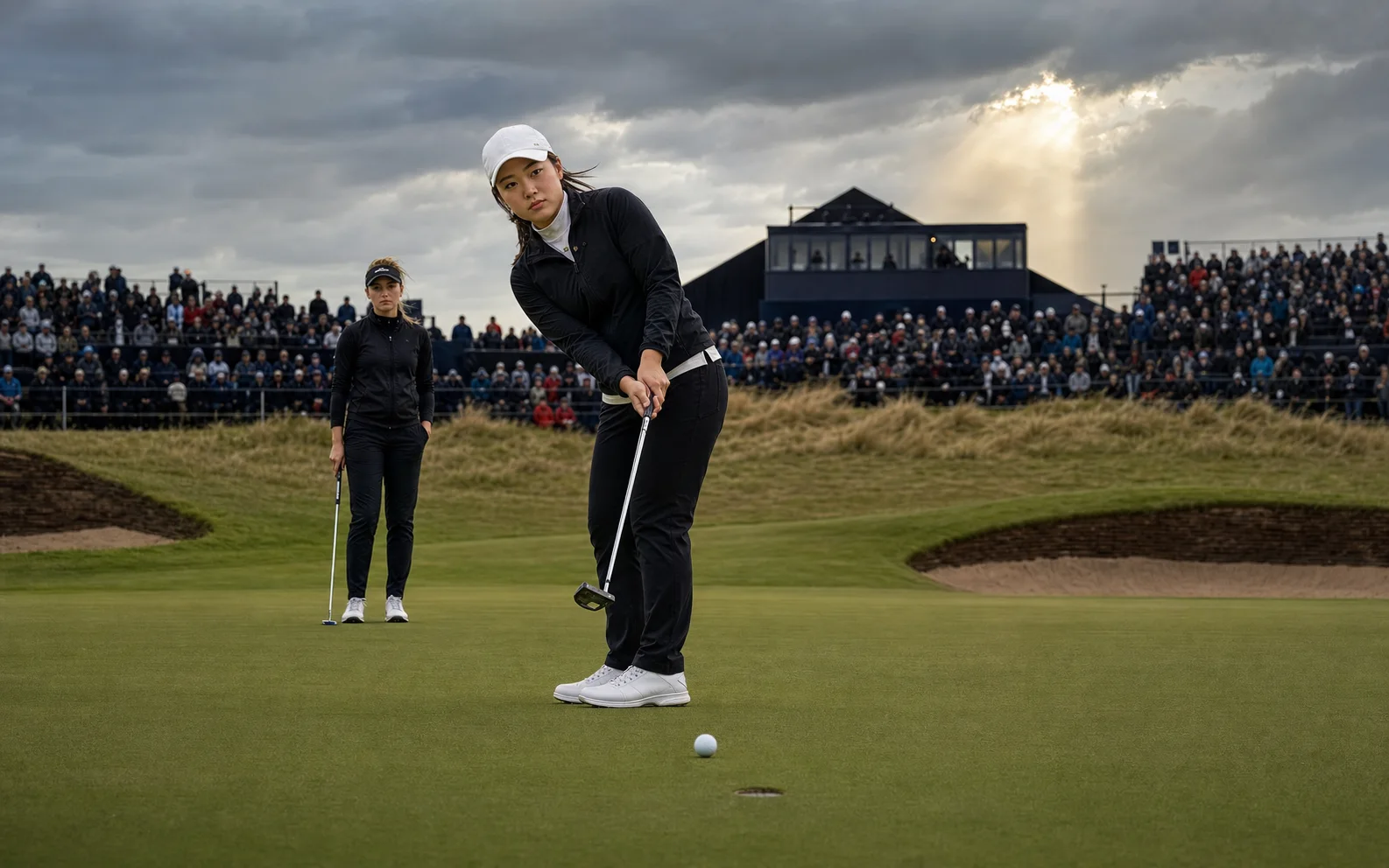 Une golfeuse japonaise suit son putt décisif sur un green de links sous un ciel orageux