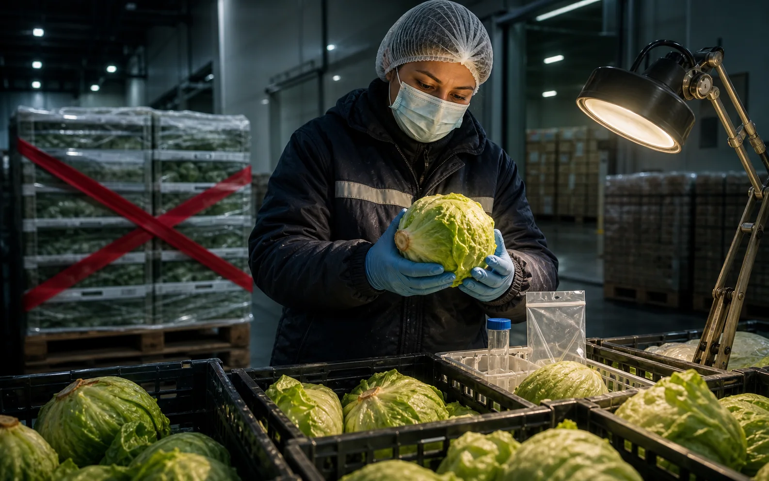 Une inspectrice sanitaire examine une laitue iceberg dans un entrepôt où des palettes sont isolées