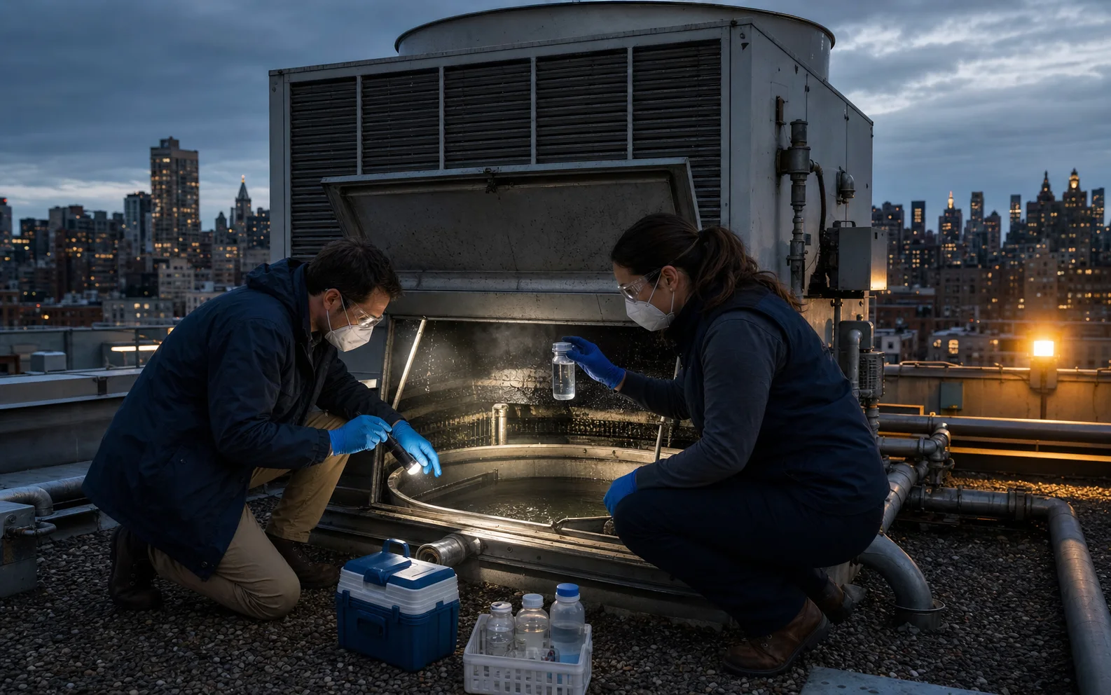 Deux inspecteurs prélèvent de l’eau dans une tour de refroidissement sur un toit de Manhattan