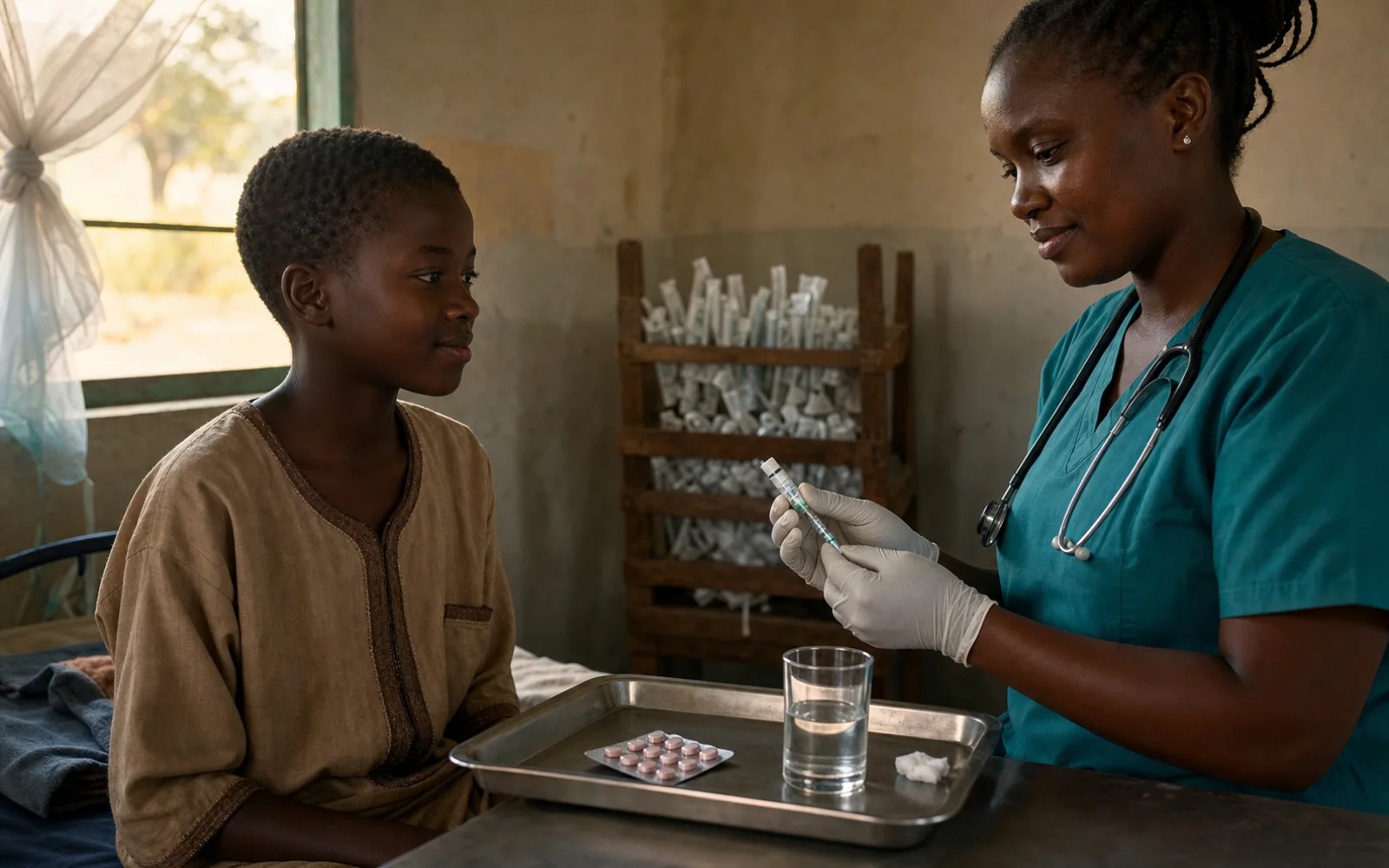 Une soignante prépare un traitement combinant comprimés et injection pour un jeune patient dans une clinique d’Afrique de l’Est